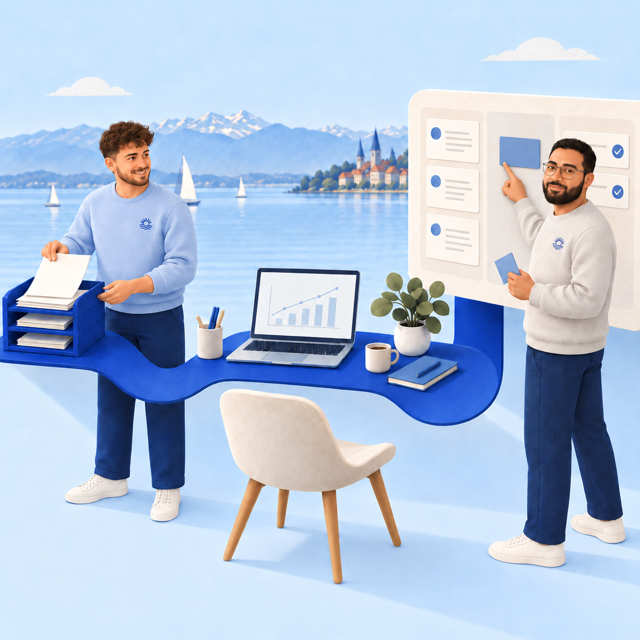 Zwei Personen besprechen am blauen Schreibtisch mit Laptop die KI-Analyse, im Hintergrund Bodensee mit Alpen